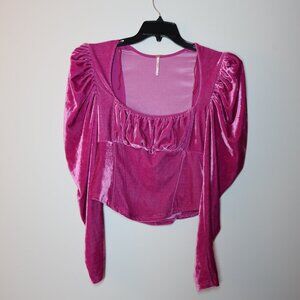 Free People Hot Pink Top With Puff Sleeves Size Medium